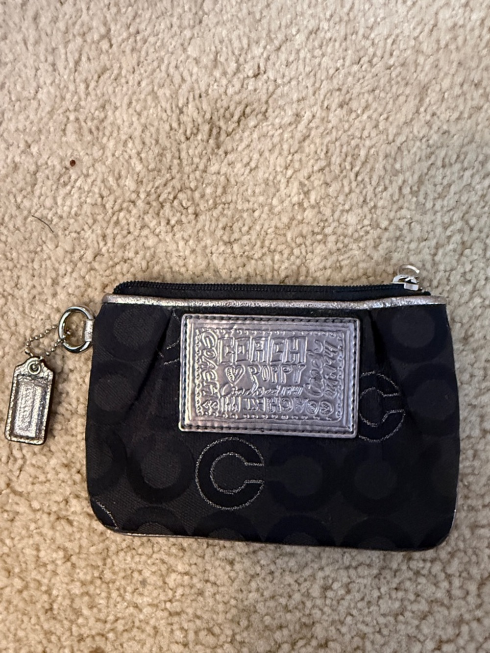 Coach Black Signature Coin Pouch with Silver Logo Patch
